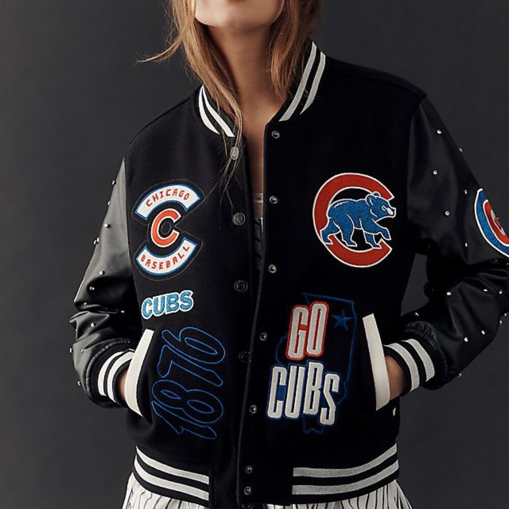 NWT Anthropologie x Wild Collective MLB Sequin Letterman Jacket Chicago Cubs XS